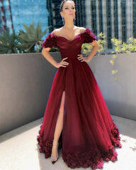 Tulle Flowers Off Shoulder Dresses With Split - RongMoon
