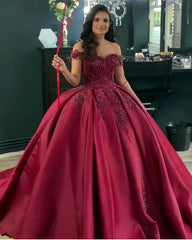 Stunning Beaded Off Shoulder Ball Gown Satin Dresses