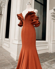 Mermaid Burnt Orange Ruffles Shoulder Dress