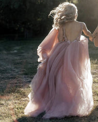 Blush Pink Tulle Wedding Dresses Lace Flowers Embroidery Beaded