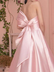 A-Line Minimalist Elegant Engagement Prom Dress Strapless Sleeveless Floor Length Satin with Pleats - RongMoon
