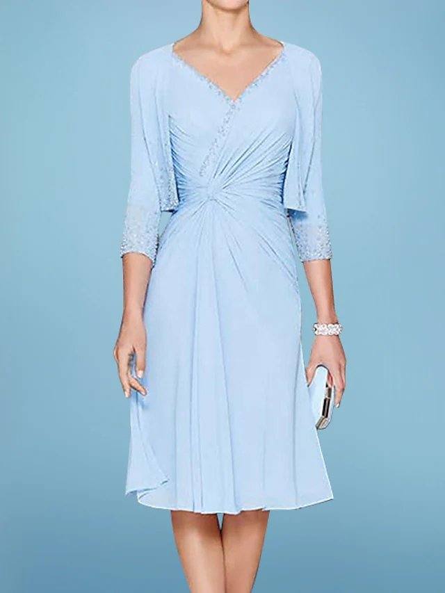 Two Piece A-Line Mother of the Bride Dress Elegant V Neck Knee Length Chiffon Sleeveless with Beading Ruching - RongMoon