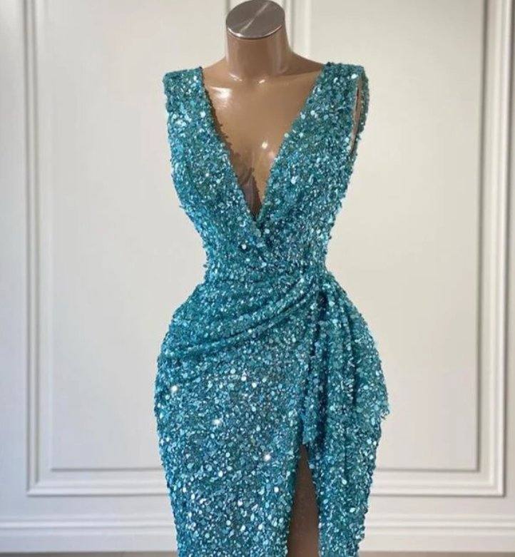 Blue Robe De Soiree Mermaid Deep V-neck Sequins Sparkle Slit Sexy Long Prom Dresses Prom Gown Evening Dresses - RongMoon