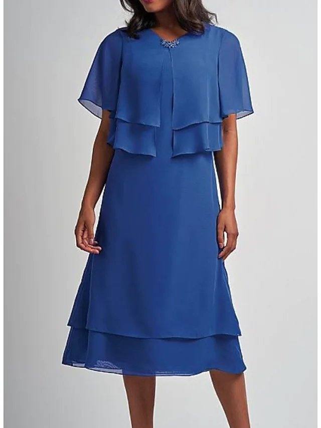 Sheath / Column Mother of the Bride Dress Elegant V Neck Tea Length Chiffon Satin Short Sleeve with Beading Cascading Ruffles - RongMoon
