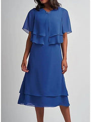 Sheath / Column Mother of the Bride Dress Elegant V Neck Tea Length Chiffon Satin Short Sleeve with Beading Cascading Ruffles - RongMoon