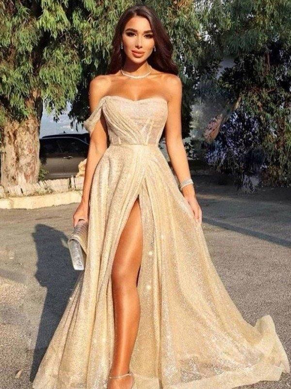 A-Line/Princess Sweep/Brush Train Strapless Sleeveless Dresses - RongMoon