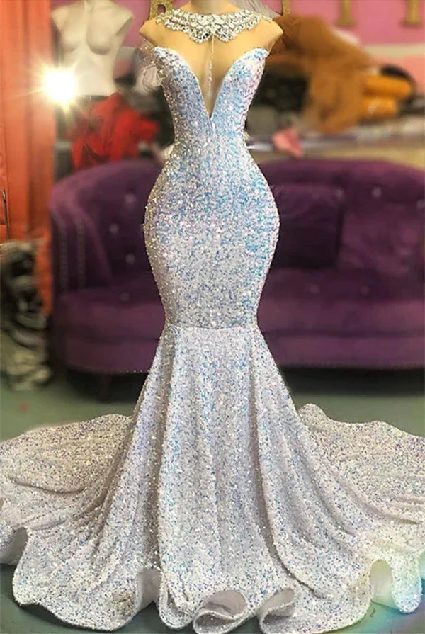 Trumpet Mermaid Beading Sequin White Prom Dress