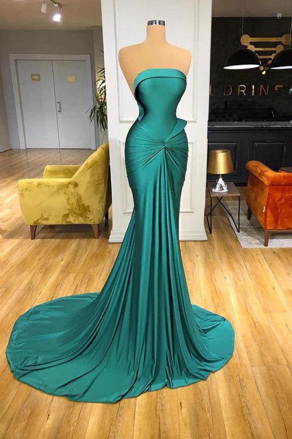 Satin Green Trumpet Mermaid Strapless Ruched Prom Dress