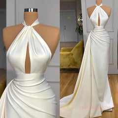 High Neck Satin Ivory Keyhole Ruched Prom Dress