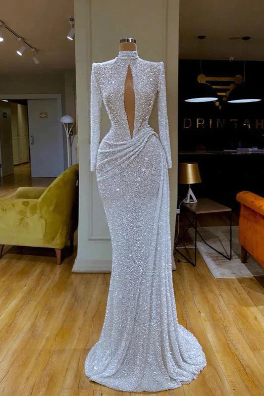 High Neck Keyhole Long Sleeve Sequin White Prom Dress