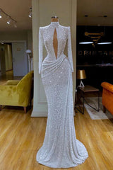 High Neck Keyhole Long Sleeve Sequin White Prom Dress