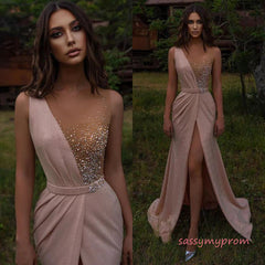 Beading Sheer Pink Scoop A Line Prom Dress With Slit