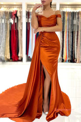 Satin Detachable Train Orange Trumpet Mermaid Prom Dress