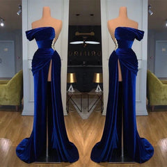 Royal Blue Velvet Trumpet Mermaid Prom Dress With Slit