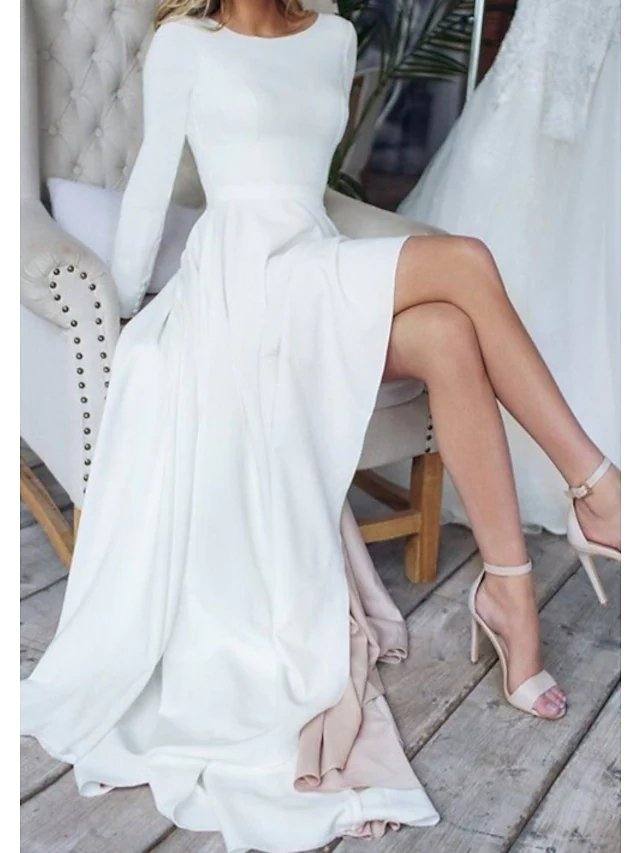 A-Line Minimalist Elegant Engagement Formal Evening Dress Jewel Neck Long Sleeve Floor Length Italy Satin with Pleats - RongMoon