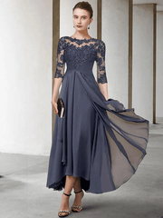 A-Line Mother of the Bride Dress Plus Size Elegant High Low Jewel Neck Asymmetrical Tea Length Chiffon Lace - RongMoon