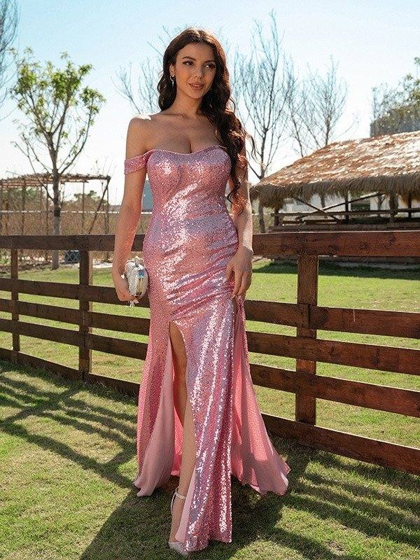 Sheath/Column Sequins Ruffles Off-the-Shoulder Sleeveless Sweep/Brush Train Dresses - RongMoon