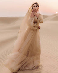 Champagne Tulle Boho Wedding Dresses Sleeved