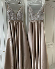 Plunge Neck Beaded Satin Dresses