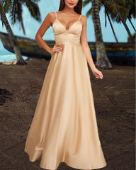 Sexy Long Satin V Neck Empire Dresses Spaghetti Straps