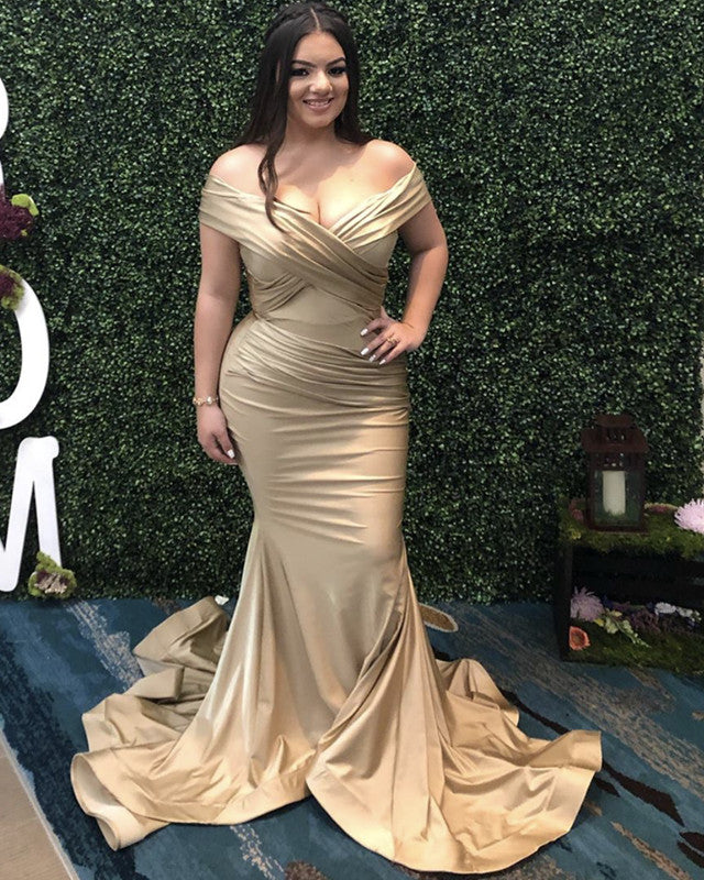 Sexy V Neck Satin Mermaid Prom Dresses Off Shoulder