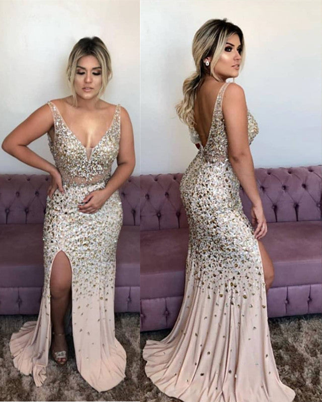 Champagne Mermaid Prom Dresses V Neck Crystal Beaded