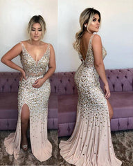Champagne Mermaid Prom Dresses V Neck Crystal Beaded