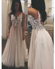 Beach Wedding Dresses Tulle Floor Length Lace V Neck