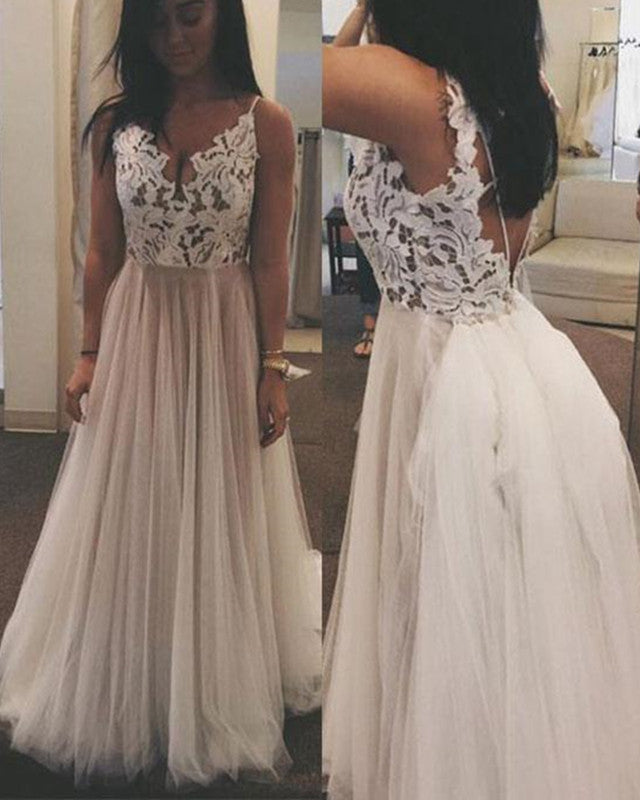 Beach Wedding Dresses Tulle Floor Length Lace V Neck