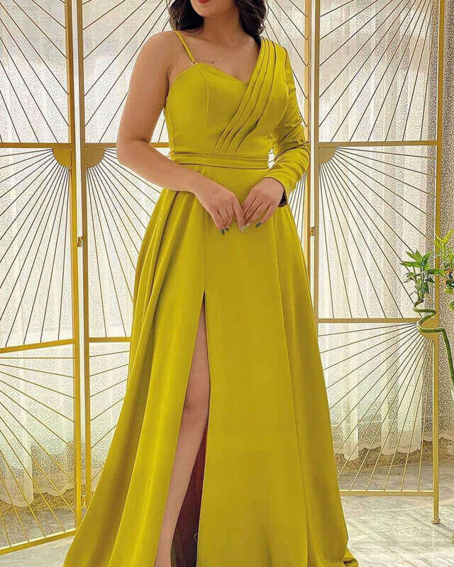 Chartreuse satin one shoulder prom dresses