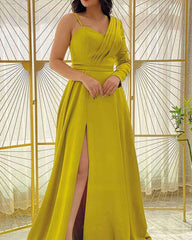 Chartreuse satin one shoulder prom dresses
