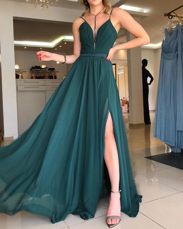 Plunge Neck Open Back Chiffon Split Dresses - RongMoon