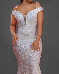 Cream Iridescent Sequin Mermaid Prom Dresses Off Shoulder