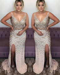 Champagne Mermaid Prom Dresses V Neck Crystal Beaded