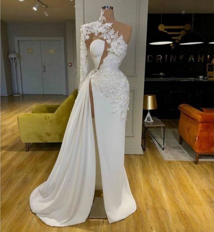 Sexy Prom Dresses A-line One-shoulder Appliques Slit Long Robe De Soiree Dubai Saudi Arabic Prom Gown Evening Dresses - RongMoon