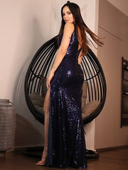 Sheath/Column Sequins Ruched V-neck Sleeveless Floor-Length Dresses - RongMoon