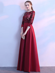 A-Line Glittering Elegant Prom Formal Evening Dress Jewel Neck 3/4 Length Sleeve Floor Length Satin with Sequin