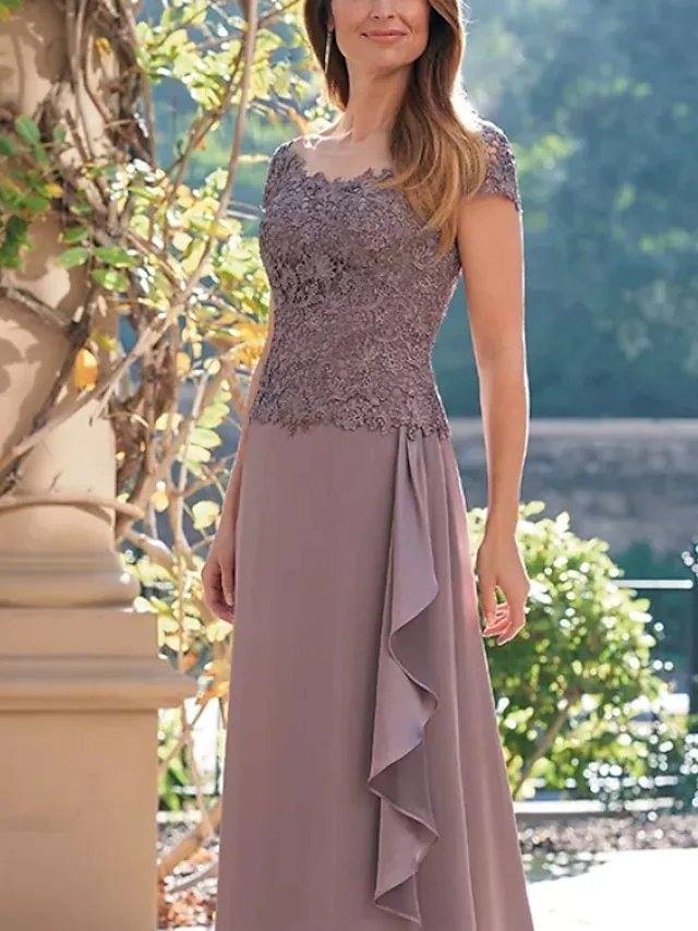 A-Line Mother of the Bride Dress Elegant Jewel Neck Floor Length Chiffon Lace Short Sleeve with Embroidery - RongMoon