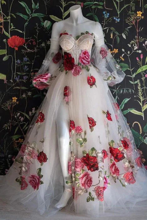 Flowers Appliques Princess A Line Champagne Prom Dress With Slit