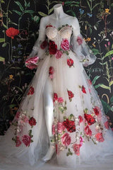 Flowers Appliques Princess A Line Champagne Prom Dress With Slit