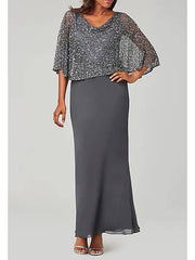 Sheath / Column Mother of the Bride Dress Elegant V Neck Floor Length Chiffon Long Sleeve with Beading Sequin - RongMoon