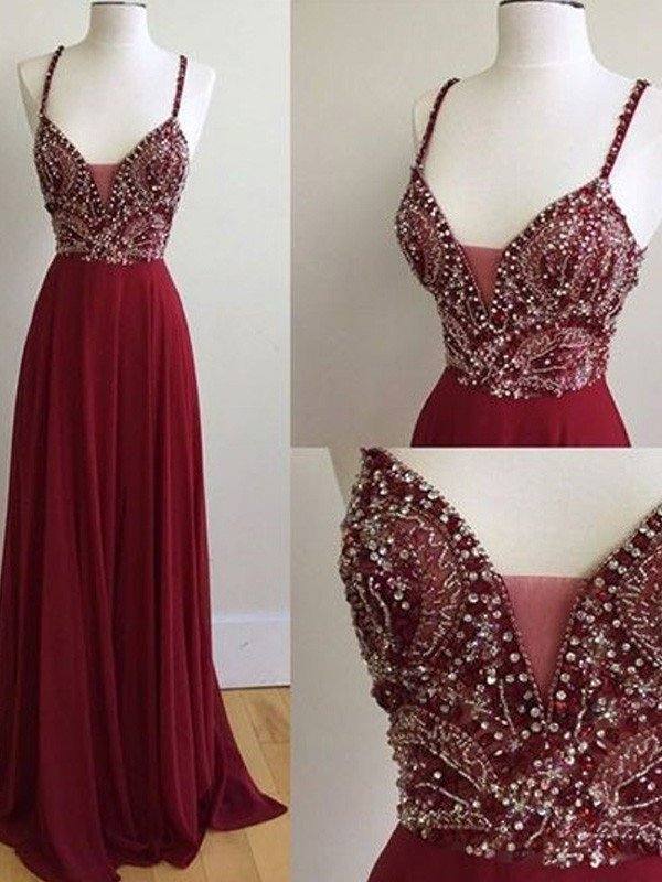 A-Line/Princess Sleeveless Spaghetti Straps Chiffon Floor-Length Beading Dresses - RongMoon
