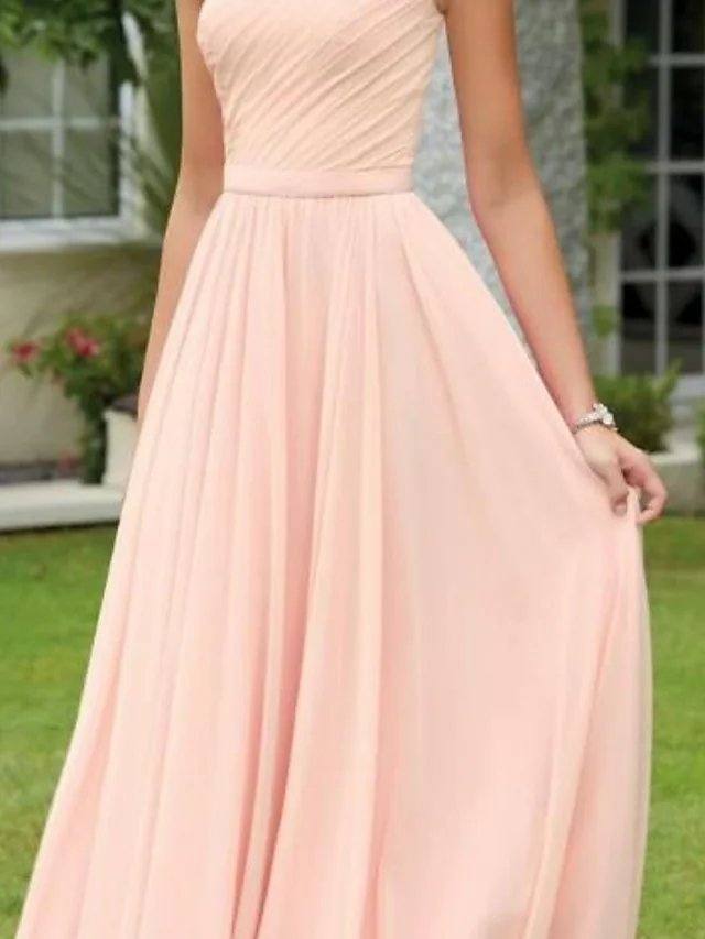 A-Line One Shoulder Floor Length Chiffon Bridesmaid Dress with Pleats - RongMoon