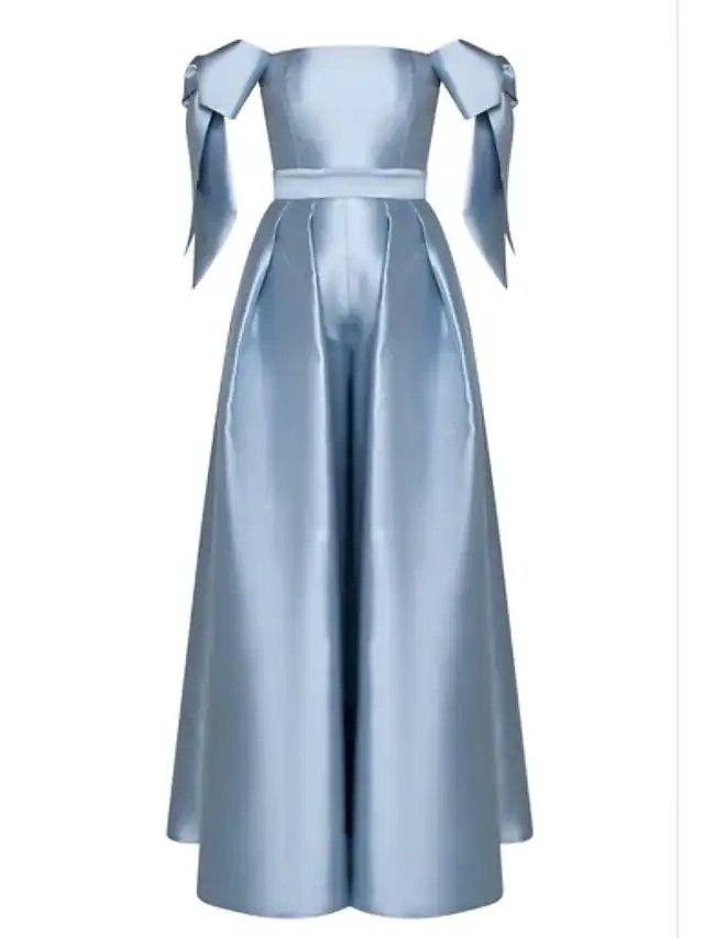 Jumpsuits Elegant Vintage Engagement Formal Evening Dress Off Shoulder Sleeveless Floor Length Charmeuse with Bow(s) - RongMoon