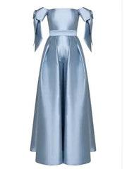 Jumpsuits Elegant Vintage Engagement Formal Evening Dress Off Shoulder Sleeveless Floor Length Charmeuse with Bow(s) - RongMoon