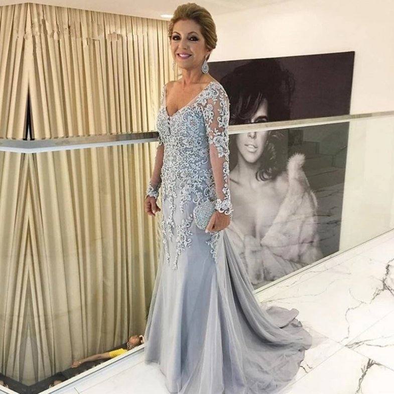 Silver Mother Of The Bride Dresses Mermaid Long Sleeves Lace Beaded Long Wedding Party Dresses Mother Dresses For Wedding - RongMoon