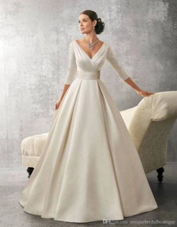 Backless Wedding Dresses Ball Gown V-neck 3/4 Sleeves Satin Boho Wedding Gown Bridal Dresses - RongMoon