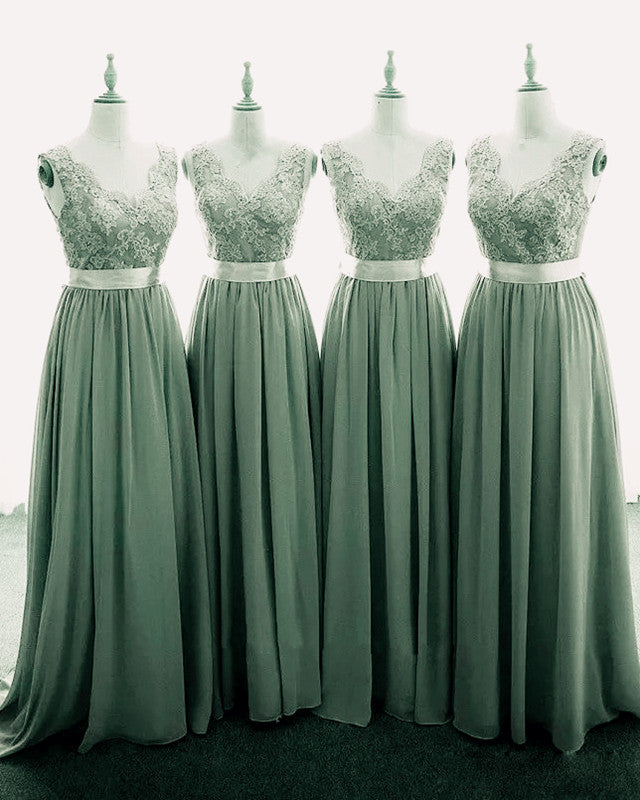 Dark Sage Bridesmaid Dresses Chiffon V-neck Appliques