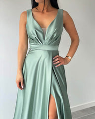 Dark Sage V-neck Split Maxi Satin Dress