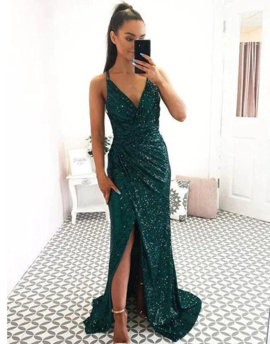 Dark Green Spaghetti Straps  Sequin Prom Dress With Split